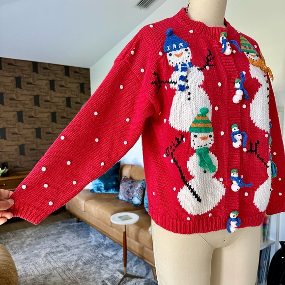 Vintage 90’s Festive Red Snowman Knit Cardigan - Picture 4 of 16